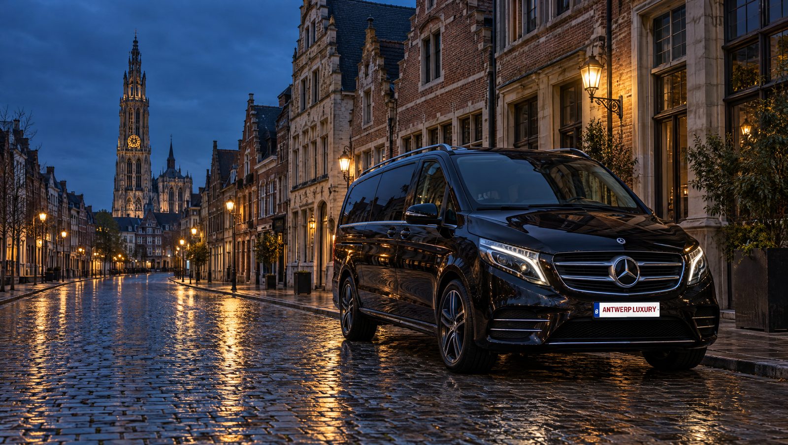 Zwarte Mercedes V-Klasse met nummerplaat Antwerp Luxury in een straat met kasseien in Antwerpen, met de kathedraal