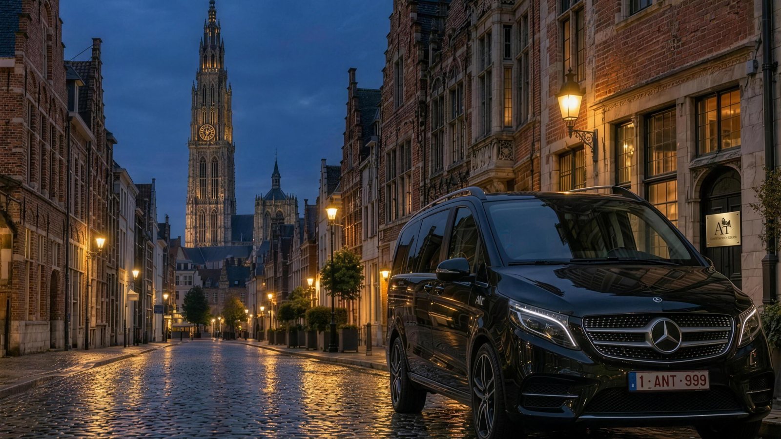 Zwarte Mercedes V-Klasse 's avonds in een straat met kasseien in het oude centrum van Antwerpen, met de kathedraal op de achtergrond