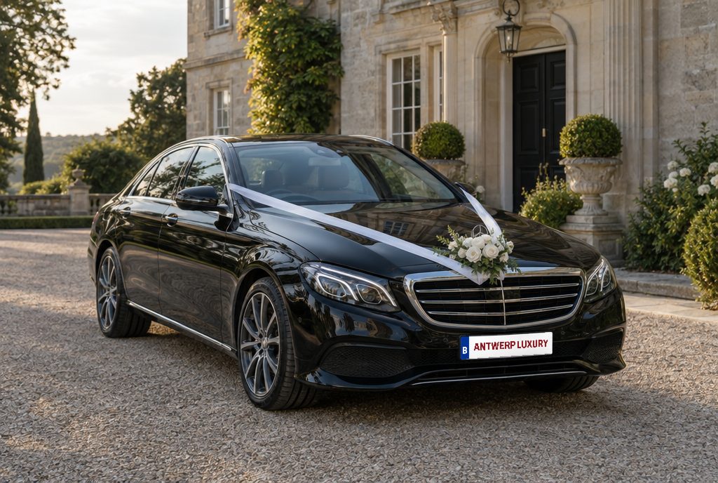 Zwarte Mercedes E-Klasse met wit lint en bloemen voor een feestlocatie