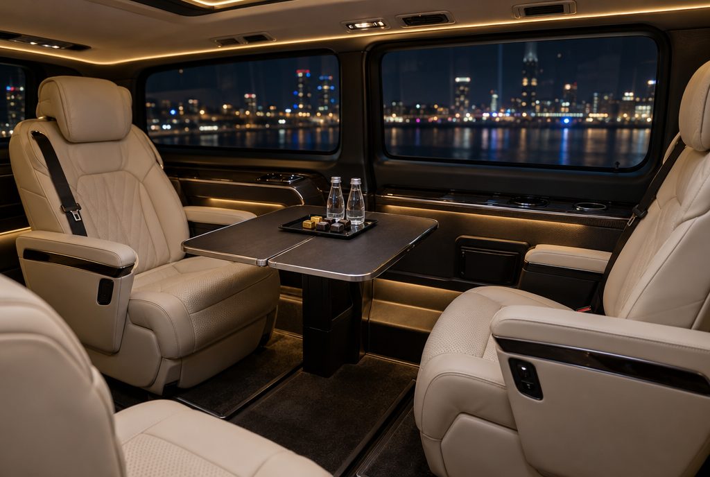 Interieur van een Mercedes V-Klasse met lederen zetels, flesjes water en chocolade