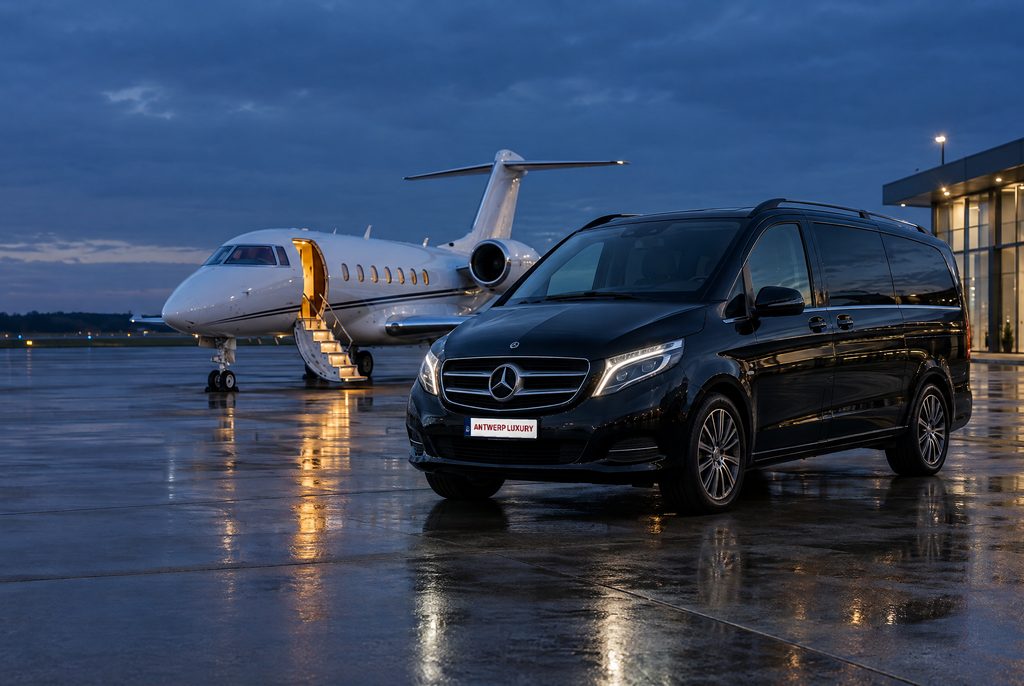 Zwarte Mercedes V-Klasse met nummerplaat Antwerp Luxury voor een privéjet op de luchthaven