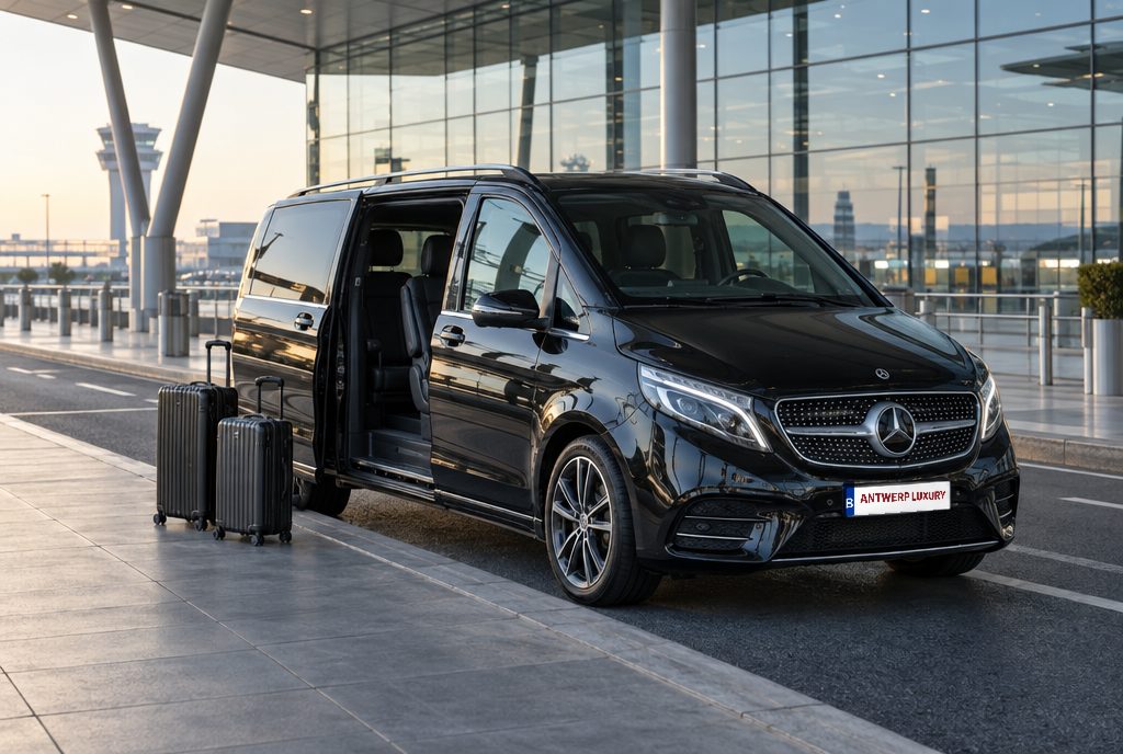 Zwarte Mercedes V-Klasse met koffers aan de vertrekhal van een luchthaven