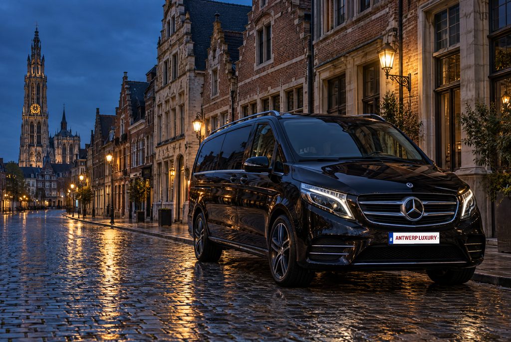 Zwarte Mercedes V-Klasse in een straat met kasseien in Antwerpen