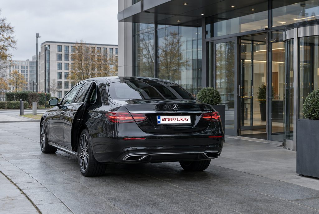 Zwarte Mercedes E-Klasse voor een kantoorgebouw